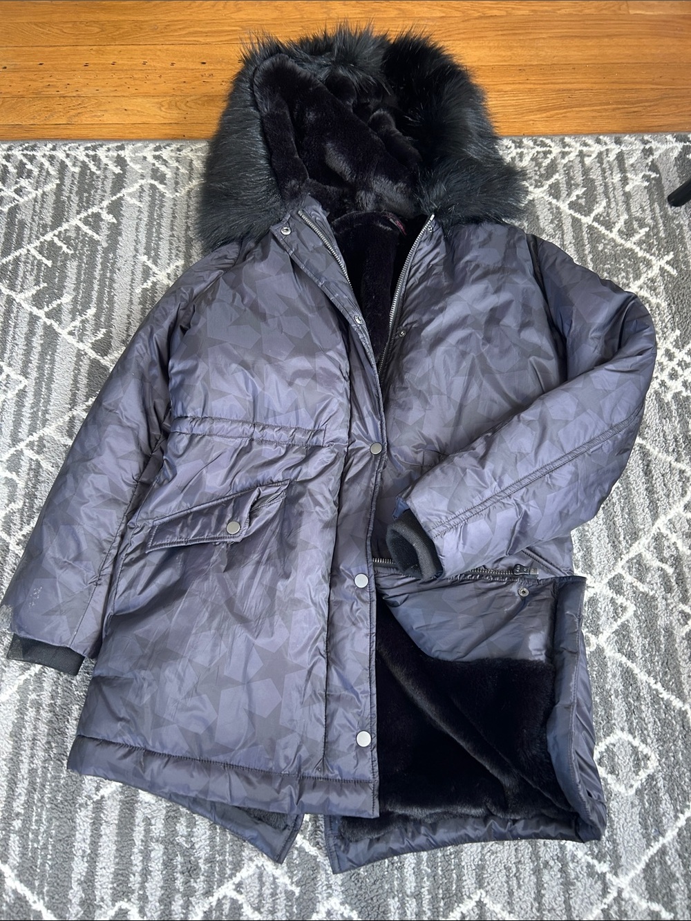 Betsey Johnson Black Faux Fur-Trim Puff Coat